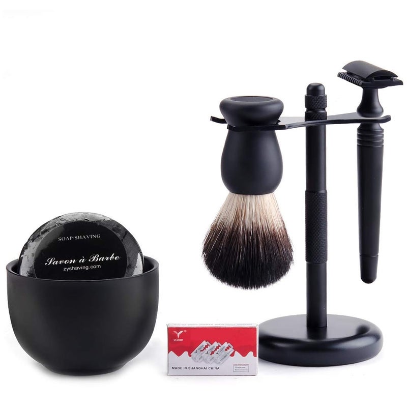 Grandslam Shaving Razor Kit Double Edage Safety Razor 2 Layers Stainless Steel Shaving Mug Shaving Soap Cream Synthetic Shaving Brush Heavy Chrome Shaving Stand Black Shaving Razor Gift for Men - Image 1